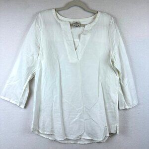 St. John's Bay White Linen Blend Relaxed Fit Shirt Womens Size S Lagenlook Beach